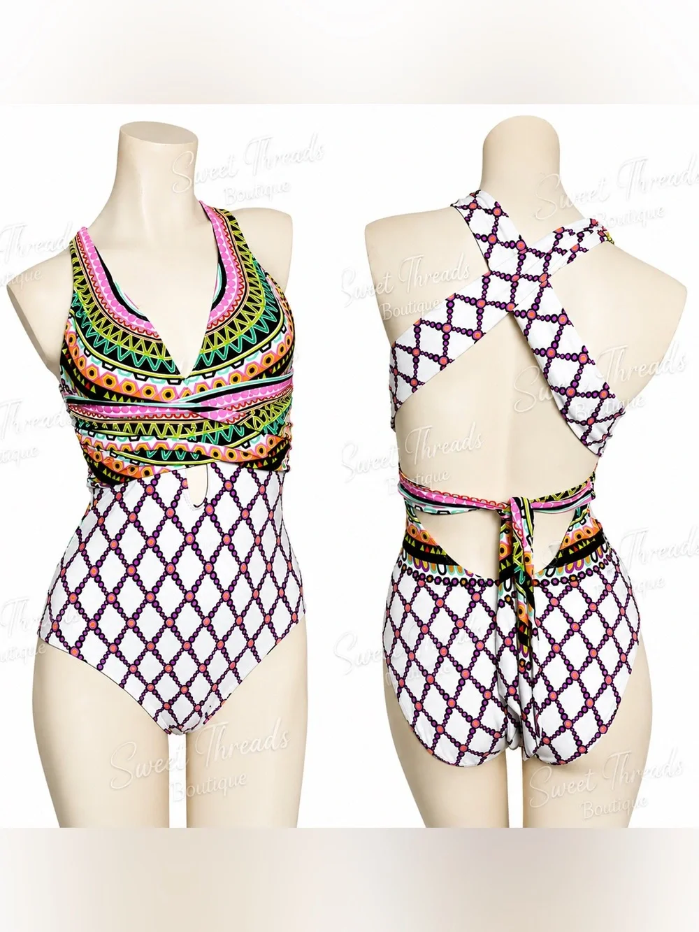 Trina Turk One Piece Swimsuit Size 8 Boho Geometric Cutout Criss Cross Back